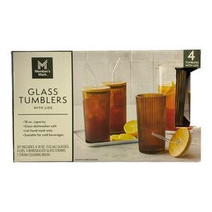 Member's Mark 18oz Glass Tumblers with Lids & Glass Straws, 4pk - Brown